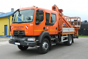 RENAULT RPM is a special road vehicle equipped with boom-type elevating work platform. It is designed for use and driving on road and hard surfaces, as well as for work at heights, within reach of the work platform. Blocking of rear axle suspension enables vehicle stability during the elevating work platform operation.